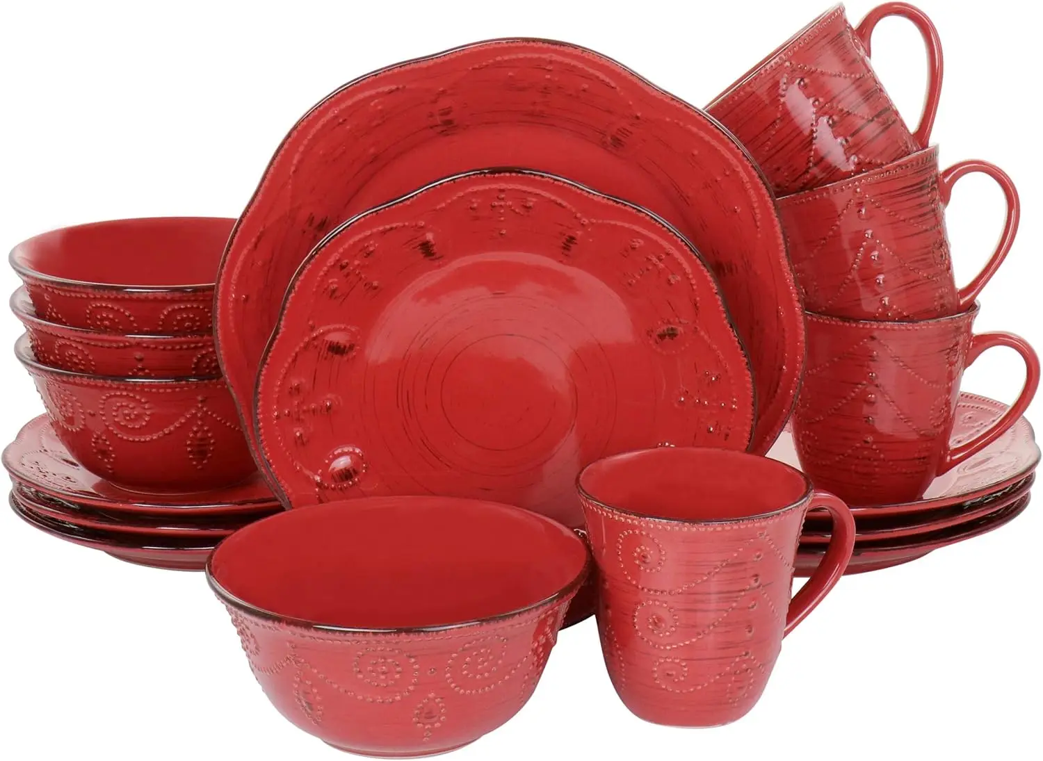 Embossed Scalloped Round Stoneware Dinnerware Dish Set, 16 Piece, Red with Brown Accents
Embossed Scalloped Round Stoneware Dinnerware Dish Set, 16 Piece, Red with Brown Accents