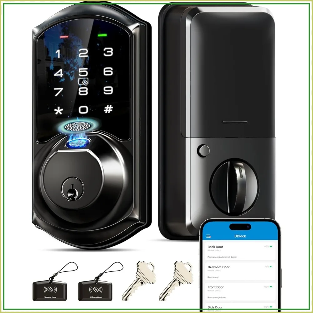 7-in-1 Fingerprint Smart Door Lock, Keyless Entry Deadbolt with App Control, Auto Lock, Matte Black
7-in-1 Fingerprint Smart Door Lock, Keyless Entry Deadbolt with App Control, Auto Lock, Matte Black