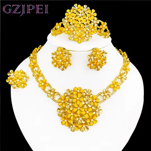 GZJPEI Africal Big Flower Jewelry Set Dubai Nigeria Wedding Gifts 18K Gold Plated Large Pendant Necklace Bracelet Earring Rings