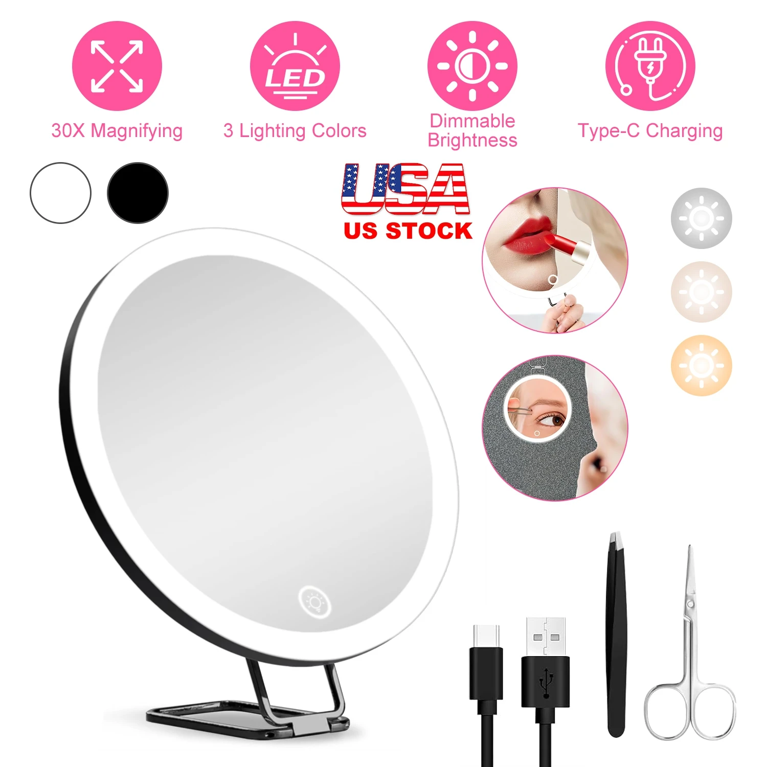 USA Stock 30X Magnifying Mirror with Light LED Makeup Mirror USB Rechargeable Travel Vanity Mirror with Suction Cup Tweezers
USA Stock 30X Magnifying Mirror with Light LED Makeup Mirror USB Rechargeable Travel Vanity Mirror with Suction Cup Tweezers