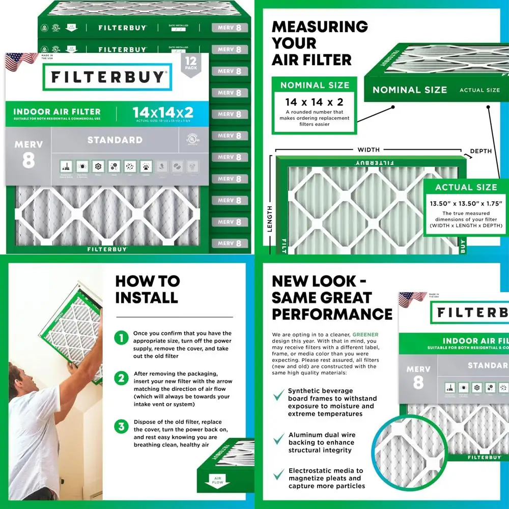 Filterbuy 14x14x2 Воздушный фильтр MERV 8 (MPR 700) Замена пылезащиты (2 шт.), Электростатические плиссированные фильтры для печей HVAC, 
Filterbuy 14x14x2 Воздушный фильтр MERV 8 (MPR 700) Замена пылезащиты (2 шт.), Электростатические плиссированные фильтры для печей HVAC,
