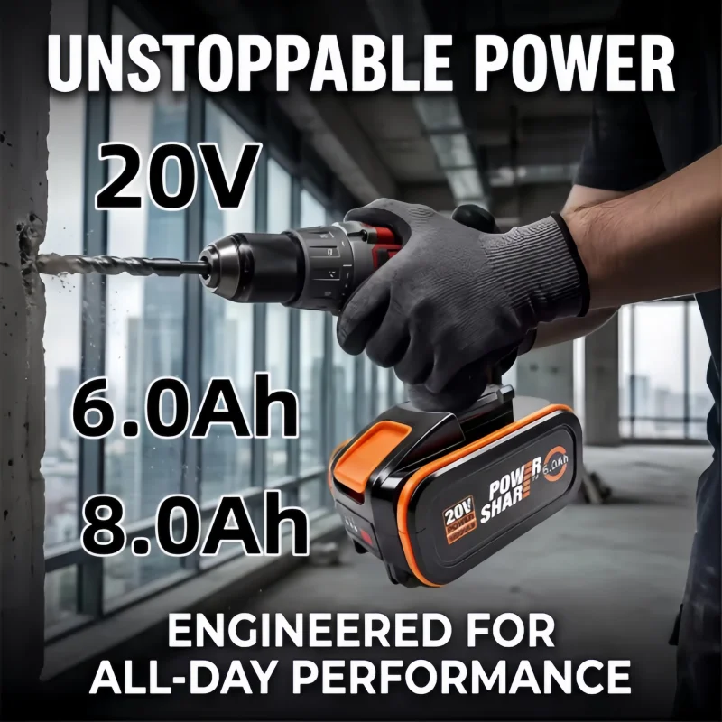 20V Cordless Tool Lithium Battery, Super Endurance Rechargeable Pack, 4.0Ah 6.0Ah 8.0Ah, Replacement for Worx WA3511 WA3512
20V Cordless Tool Lithium Battery, Super Endurance Rechargeable Pack, 4.0Ah 6.0Ah 8.0Ah, Replacement for Worx WA3511 WA3512