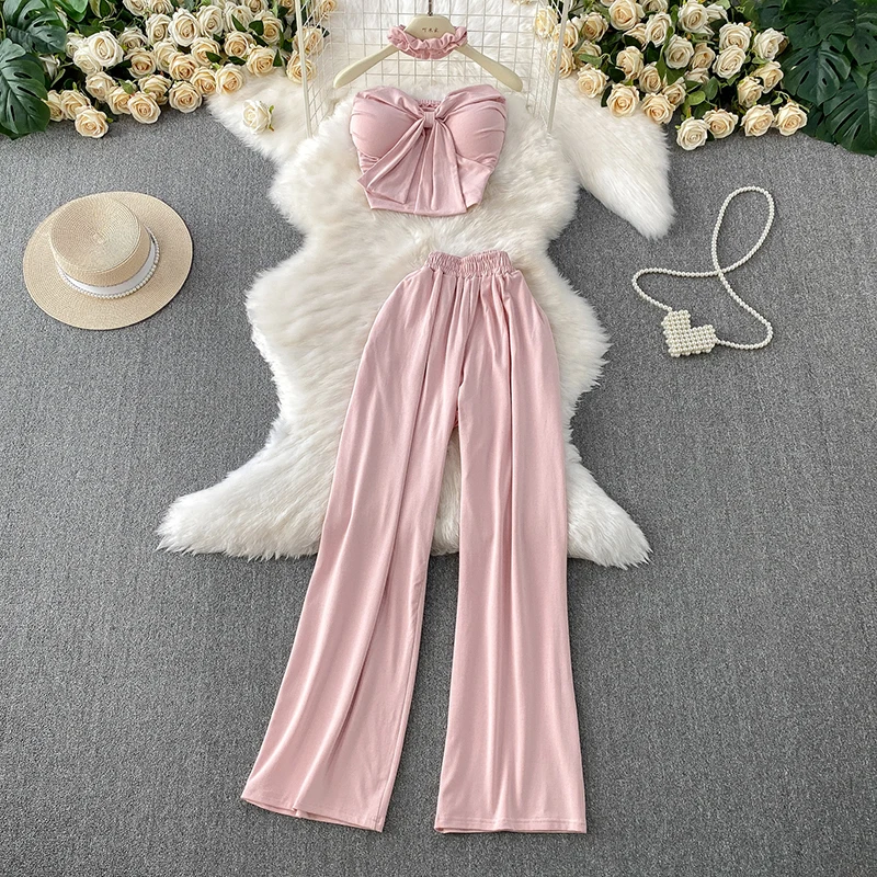 Sexy strap short with chest cushion strapless hanging neck top+high waist slimming wide leg pants casual two-piece set
Sexy strap short with chest cushion strapless hanging neck top+high waist slimming wide leg pants casual two-piece set