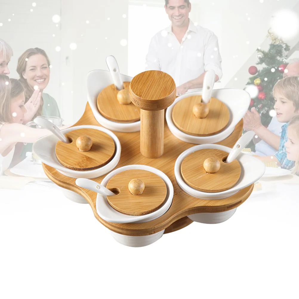Ceramic Rotating Spice Jar Set Large Capacity Porcelain Condiment Container Wood Cover Seasoning Box Salt Storage Rack Kitchen