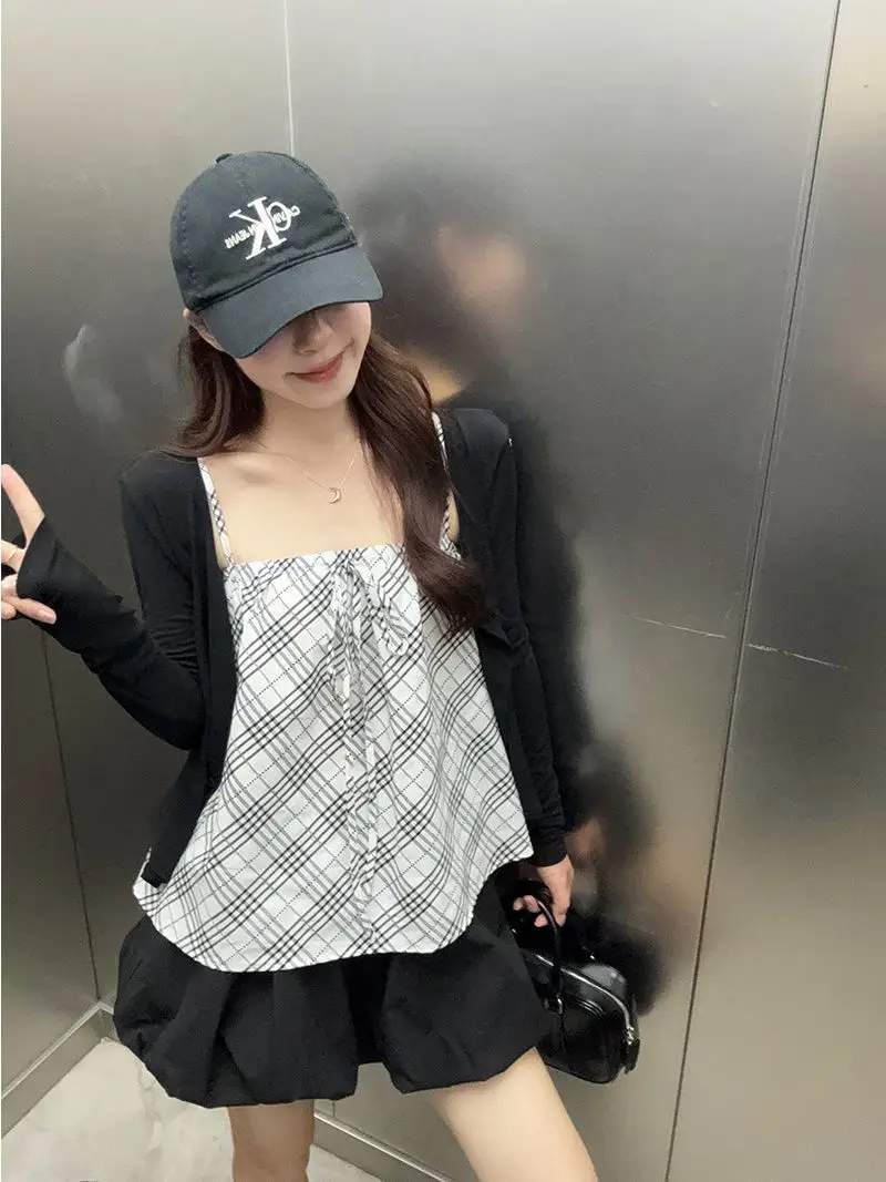 Spring Summer Women's Pure Color Open Cardigan Jacket with Plaid Camisole Strap Two-Piece Set Casual Fashion Outerwear
Spring Summer Women's Pure Color Open Cardigan Jacket with Plaid Camisole Strap Two-Piece Set Casual Fashion Outerwear