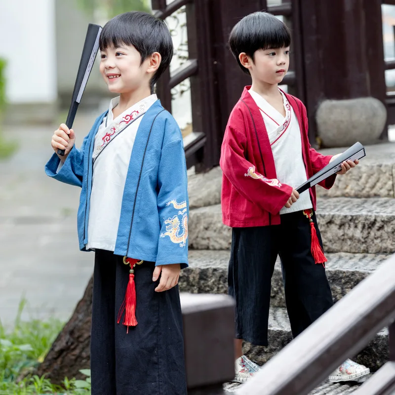 Boys New Chinese Style Traditional Cotton Hanfu Vintage Button Dragon Embroidery Tang Suit Three Piece Set Role Play Costume
Boys New Chinese Style Traditional Cotton Hanfu Vintage Button Dragon Embroidery Tang Suit Three Piece Set Role Play Costume