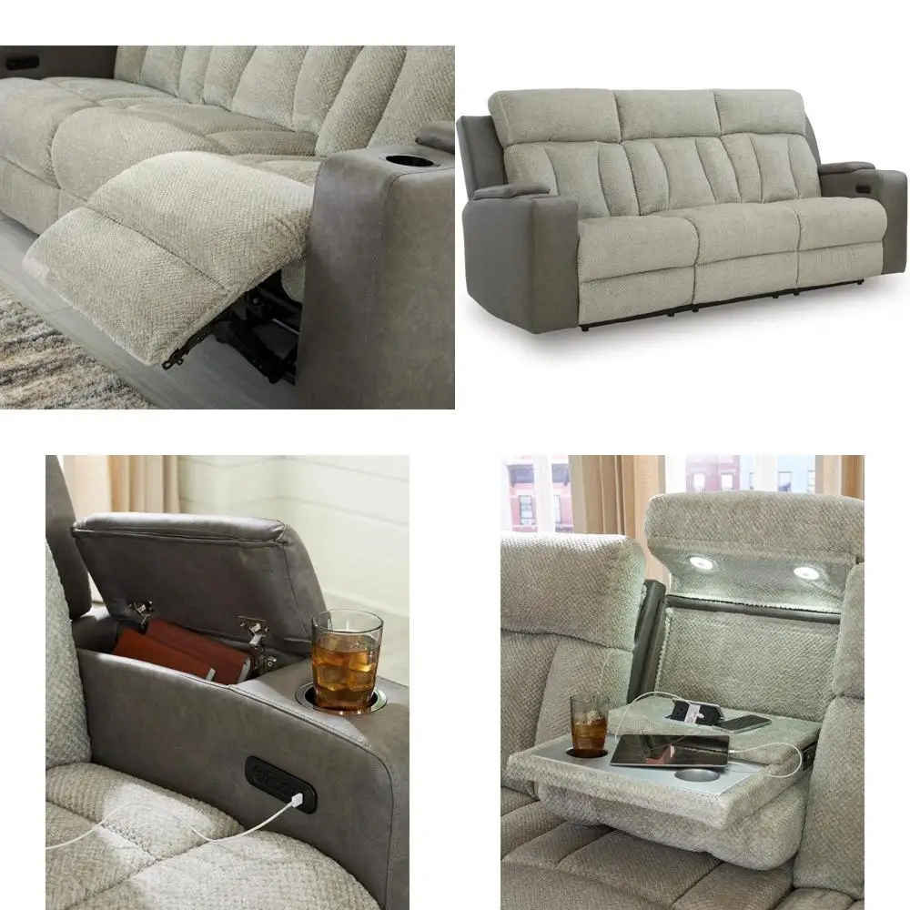 Transitional Leather Power Reclining Sofa with Drop Down Table, Lumbar Massage, LED Lights, Adjustable Rest, Gray & Beige
Transitional Leather Power Reclining Sofa with Drop Down Table, Lumbar Massage, LED Lights, Adjustable Rest, Gray & Beige