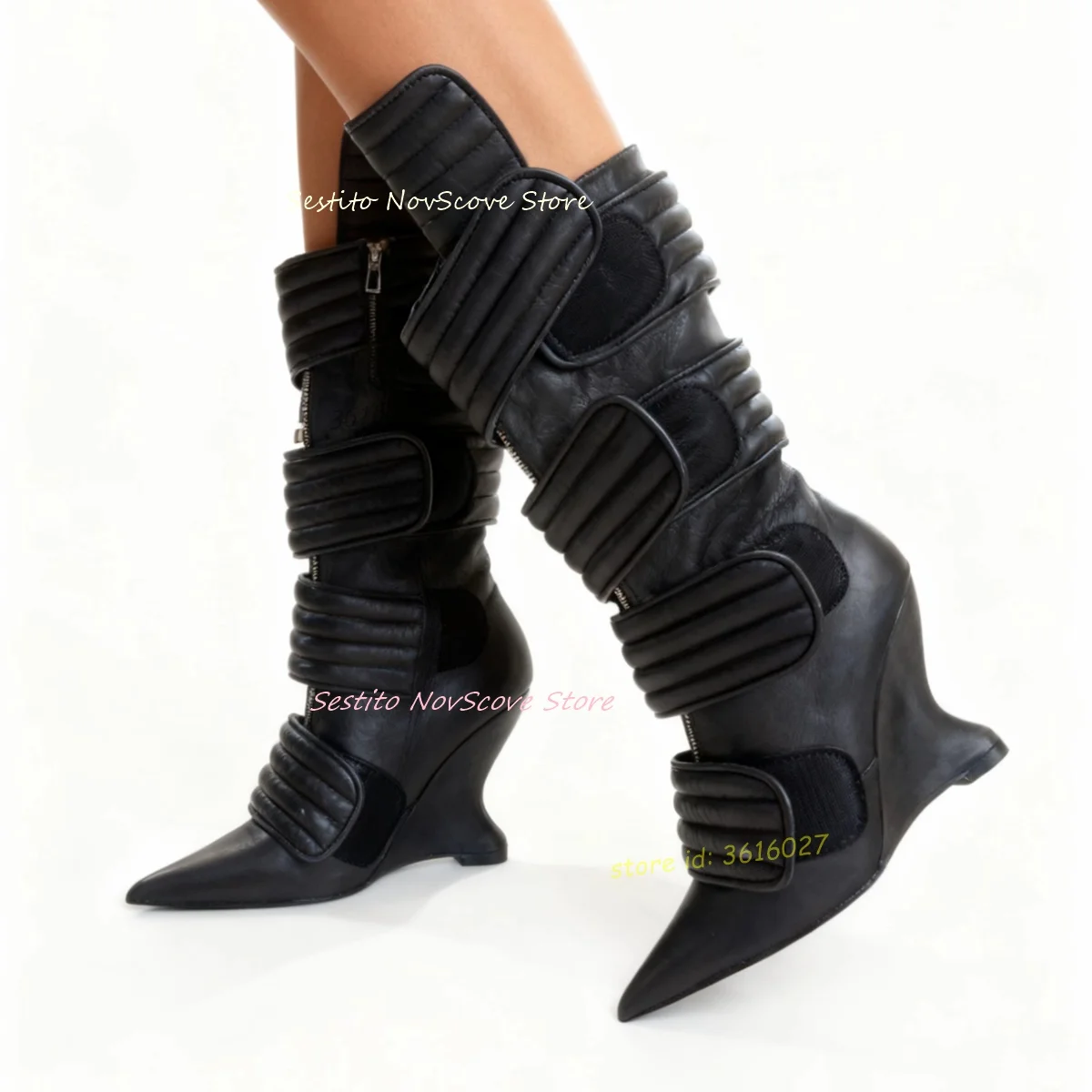 Wedges Hook and Loop Mid-Calf Boots Black Leather Front Zip Multi Straps Cool Girl Rubber Sole Sexy Women Party Daily Booties
Wedges Hook and Loop Mid-Calf Boots Black Leather Front Zip Multi Straps Cool Girl Rubber Sole Sexy Women Party Daily Booties