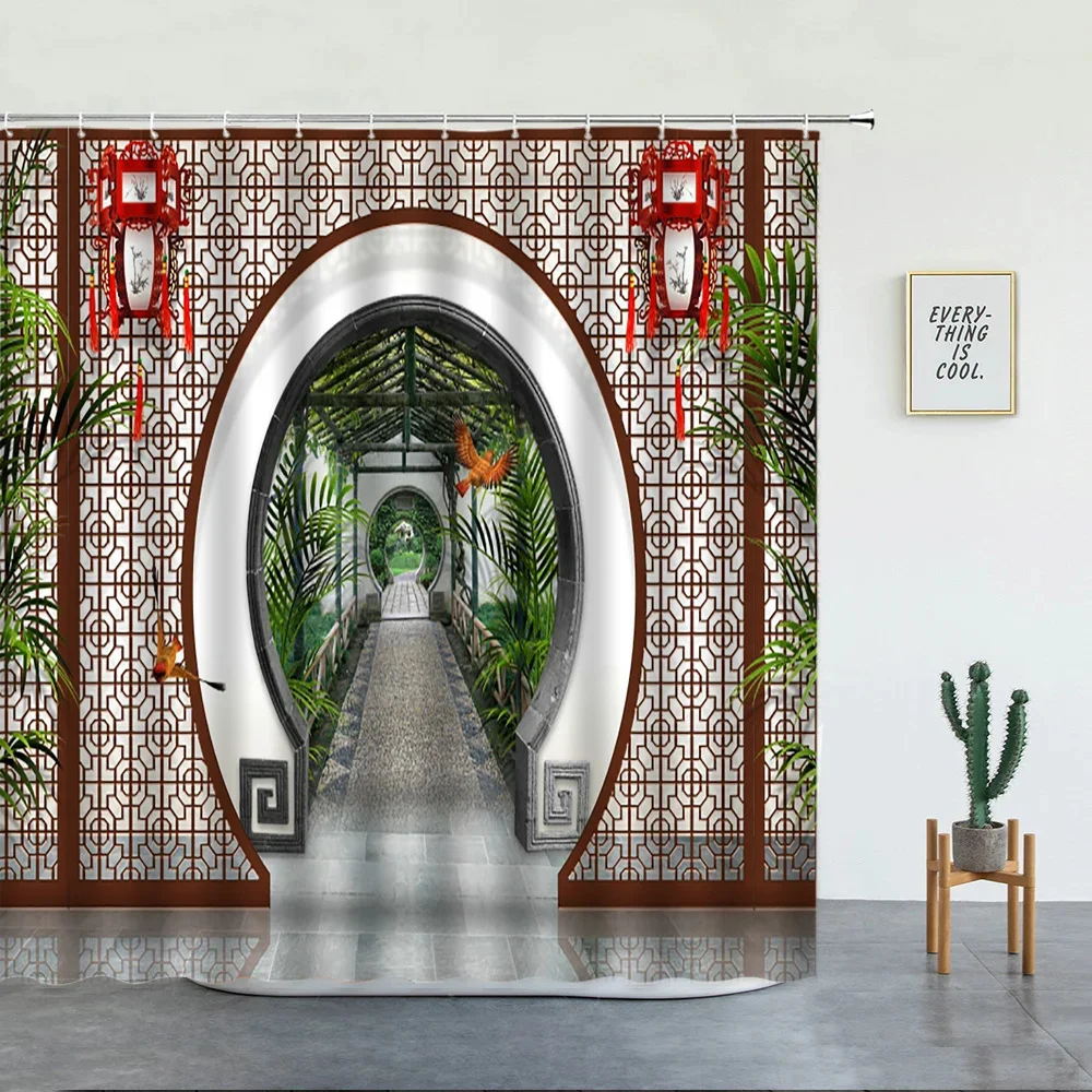 Chinese Style Bathroom Shower curtain Retro Wood Garden Building Green Plant Shower curtain Mold resistant Waterproof
Chinese Style Bathroom Shower curtain Retro Wood Garden Building Green Plant Shower curtain Mold resistant Waterproof