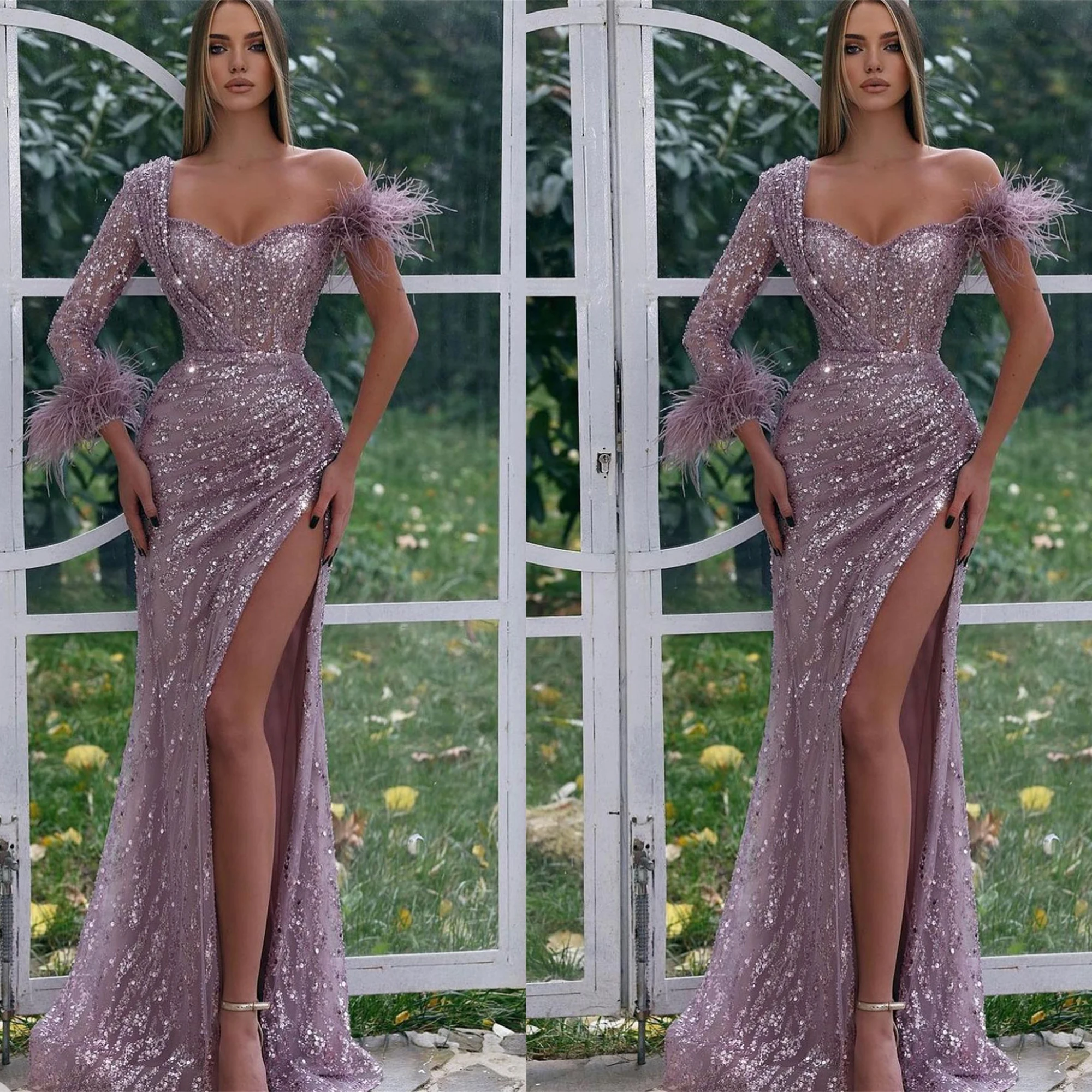 Classic Evening Dresses For Women Sequins Feather Sweetheart Neck Gowns Slim Fit Skirt Party Prom Split Dress Custom Made
Classic Evening Dresses For Women Sequins Feather Sweetheart Neck Gowns Slim Fit Skirt Party Prom Split Dress Custom Made