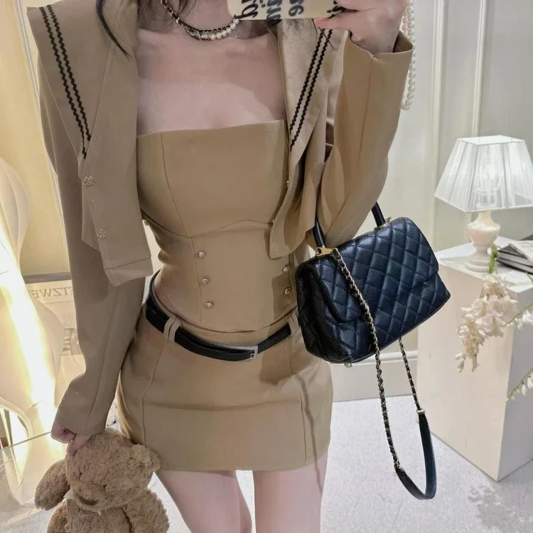 Elegant Sailor Collar Long Sleeve Coat Women+ Sexy Slim Fit Strapless Vest+ Y2k High Waist Bodycon Skirts Three Piece Sets
Elegant Sailor Collar Long Sleeve Coat Women+ Sexy Slim Fit Strapless Vest+ Y2k High Waist Bodycon Skirts Three Piece Sets