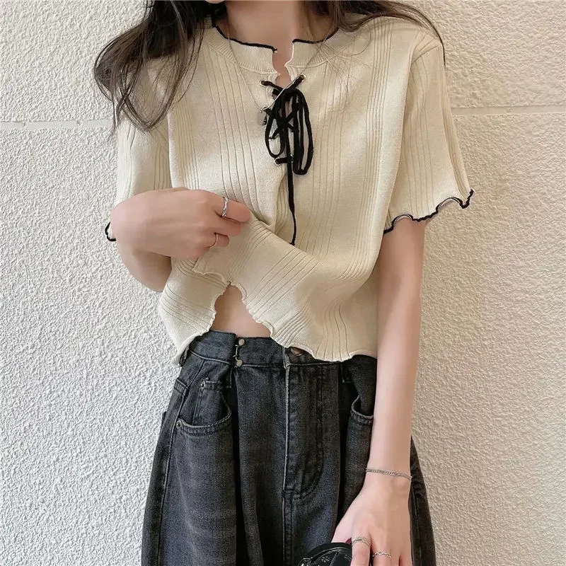 2025 Women T-shirt Solid Lace-up Short Sleeve Knit Shirt Summer Slim Thin Short Tops Casual Cute T-shirt Female
2025 Women T-shirt Solid Lace-up Short Sleeve Knit Shirt Summer Slim Thin Short Tops Casual Cute T-shirt Female