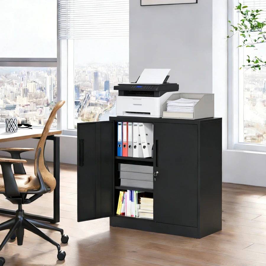 Garage storage cabinet for home, office, school: heavy duty steel, black, with lock, 2 doors and 2 adjustable shelves, 35.4H
Garage storage cabinet for home, office, school: heavy duty steel, black, with lock, 2 doors and 2 adjustable shelves, 35.4H