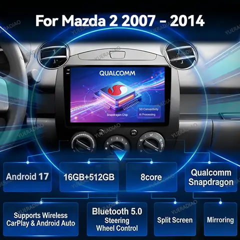 Android 17 Car Radio For MAZDA 2 Mazda2 2007 2008 2009 2010 2011 2012 2013 2014 Carplay Automotive FM Head Unit SWC BT 2K QLED