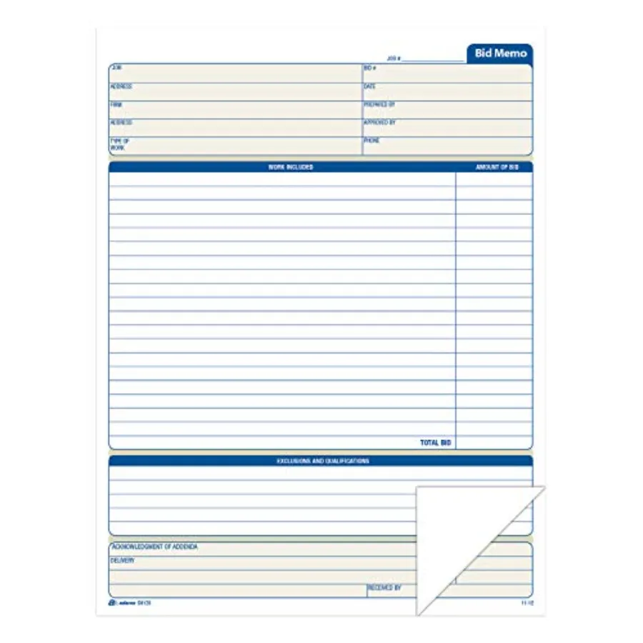 Bid Memos, Business Forms, 8-3/8" x 11-7/16", White, 25 Sets Per Book D8120
Bid Memos, Business Forms, 8-3/8" x 11-7/16", White, 25 Sets Per Book D8120