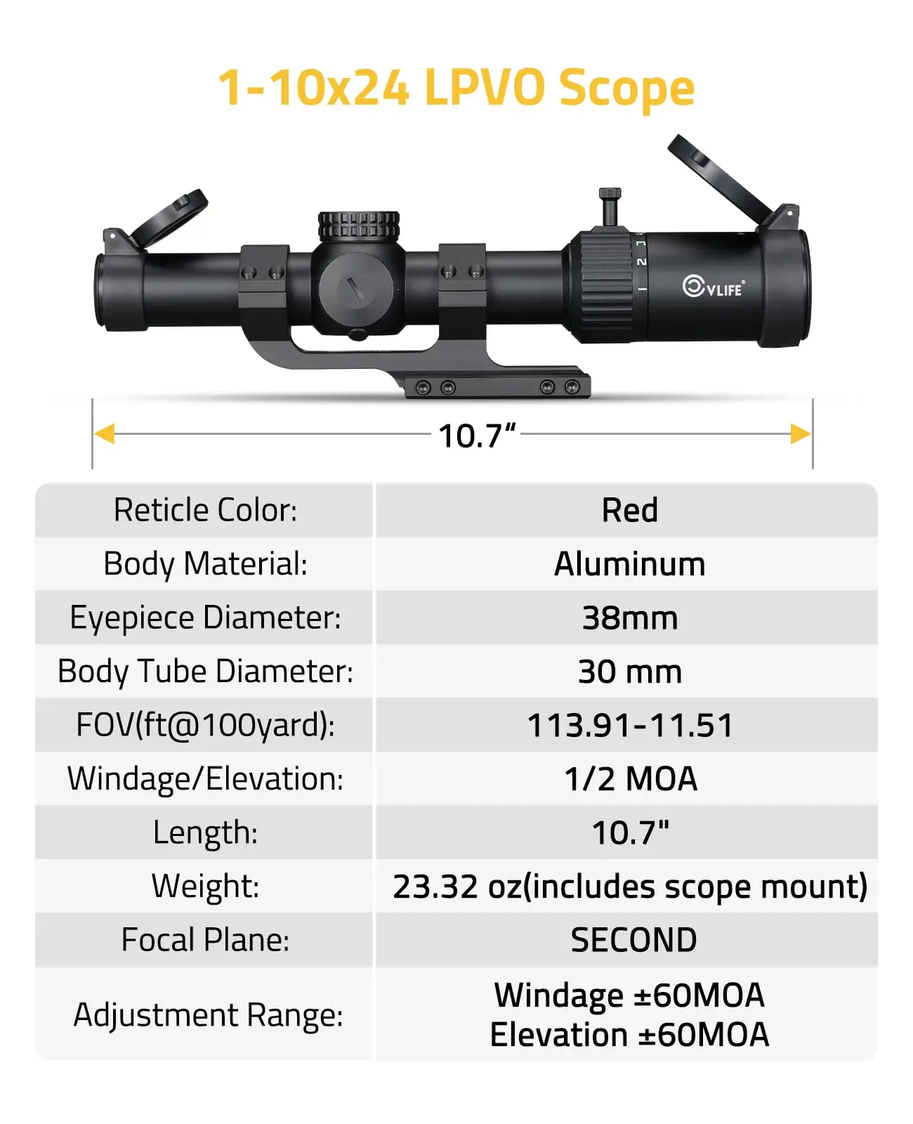 1-10x24 LPVO Rifle Scope 30mm Cantilever Mount Illuminated BDC Reticle Generous Eye Relief Low Power Variable Optic
1-10x24 LPVO Rifle Scope 30mm Cantilever Mount Illuminated BDC Reticle Generous Eye Relief Low Power Variable Optic