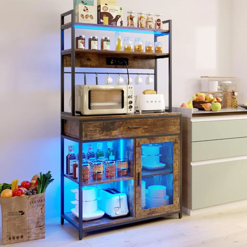 Bakers Rack with Power Outlet, Kitchen Bakers Rack with Storage and Lights, Coffee Bar Table Standing Kitchen Storage Shelf Rack
Bakers Rack with Power Outlet, Kitchen Bakers Rack with Storage and Lights, Coffee Bar Table Standing Kitchen Storage Shelf Rack