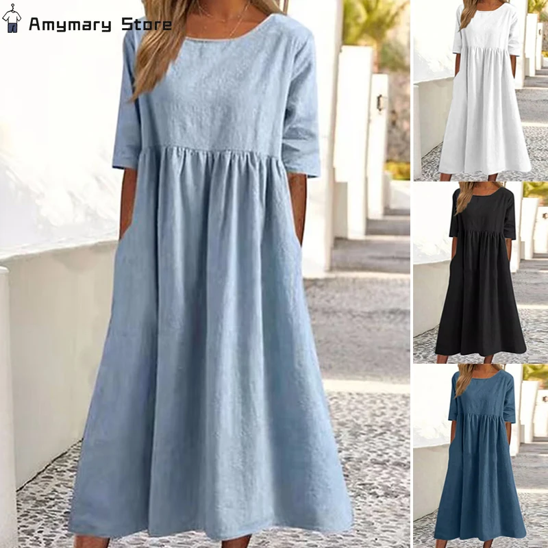 New Cotton Linen Maxi Dress Women Elegant Solid Short Sleeve Round Neck High Waist Pleated Dresses Ladies Casual Loose Long Robe
New Cotton Linen Maxi Dress Women Elegant Solid Short Sleeve Round Neck High Waist Pleated Dresses Ladies Casual Loose Long Robe