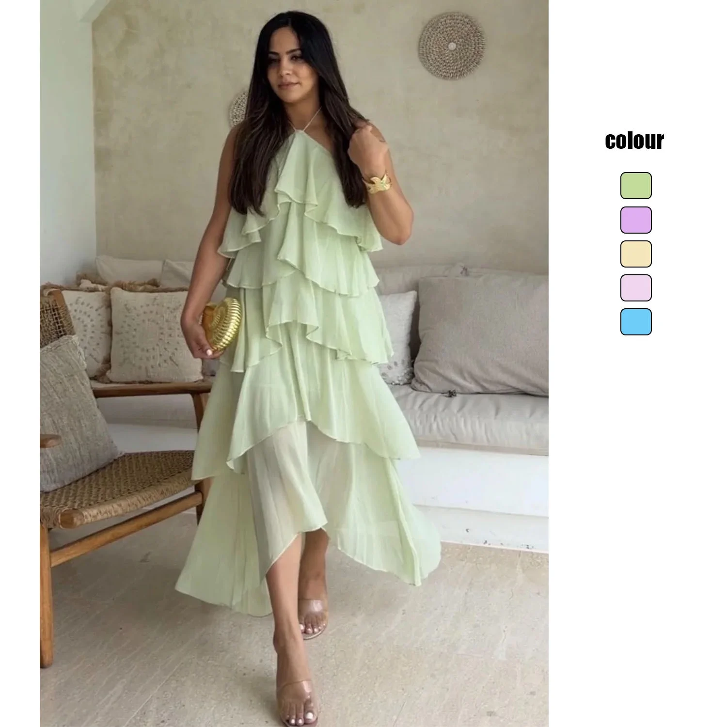 Elegant Neck Ruffled Color Cake Chiffon Dress Cleanfit Style mid Waist H Version Loose Fit Sleeveless Women's Dress
Elegant Neck Ruffled Color Cake Chiffon Dress Cleanfit Style mid Waist H Version Loose Fit Sleeveless Women's Dress