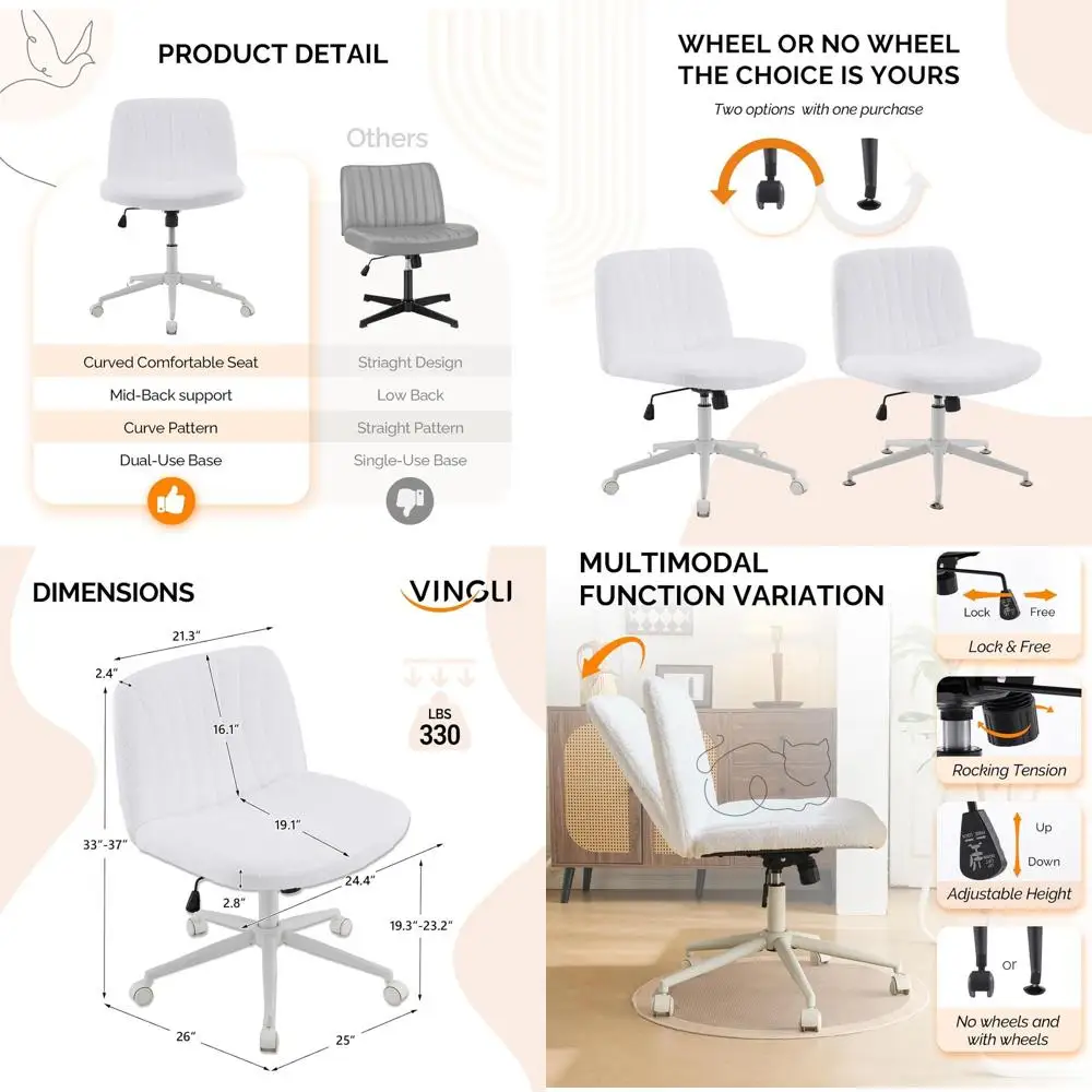Adjustable Swivel Armless Office Chair with/without Wheels, Plush Fleece Seat, White
Adjustable Swivel Armless Office Chair with/without Wheels, Plush Fleece Seat, White