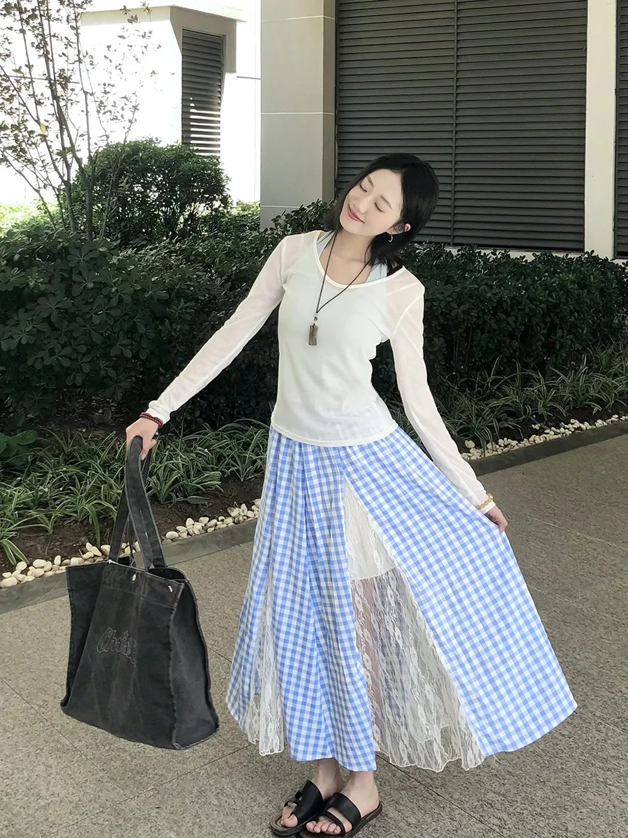 Blue Plaid Lace Splice ter Ne Women's Summer Skirt Tee-Piece Set Casual Sle Long Sve round Neline Suitable for ...
Blue Plaid Lace Splice ter Ne Women's Summer Skirt Tee-Piece Set Casual Sle Long Sve round Neline Suitable for ...