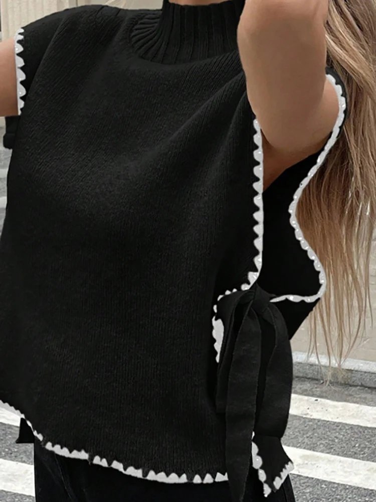 Fashion O-neck Simple Design Vest Tops Women Casual Sleeveless Clashing Color Sweater Blouse Elegant Bow Tie Knitted Pullover
Fashion O-neck Simple Design Vest Tops Women Casual Sleeveless Clashing Color Sweater Blouse Elegant Bow Tie Knitted Pullover