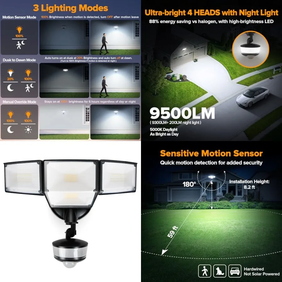 84W 9500LM LED Security Light Hardwire Motion Sensor Outdoor Lights with Night Light, 4 Head LED Flood Lights 5000K Daylight, I
84W 9500LM LED Security Light Hardwire Motion Sensor Outdoor Lights with Night Light, 4 Head LED Flood Lights 5000K Daylight, I