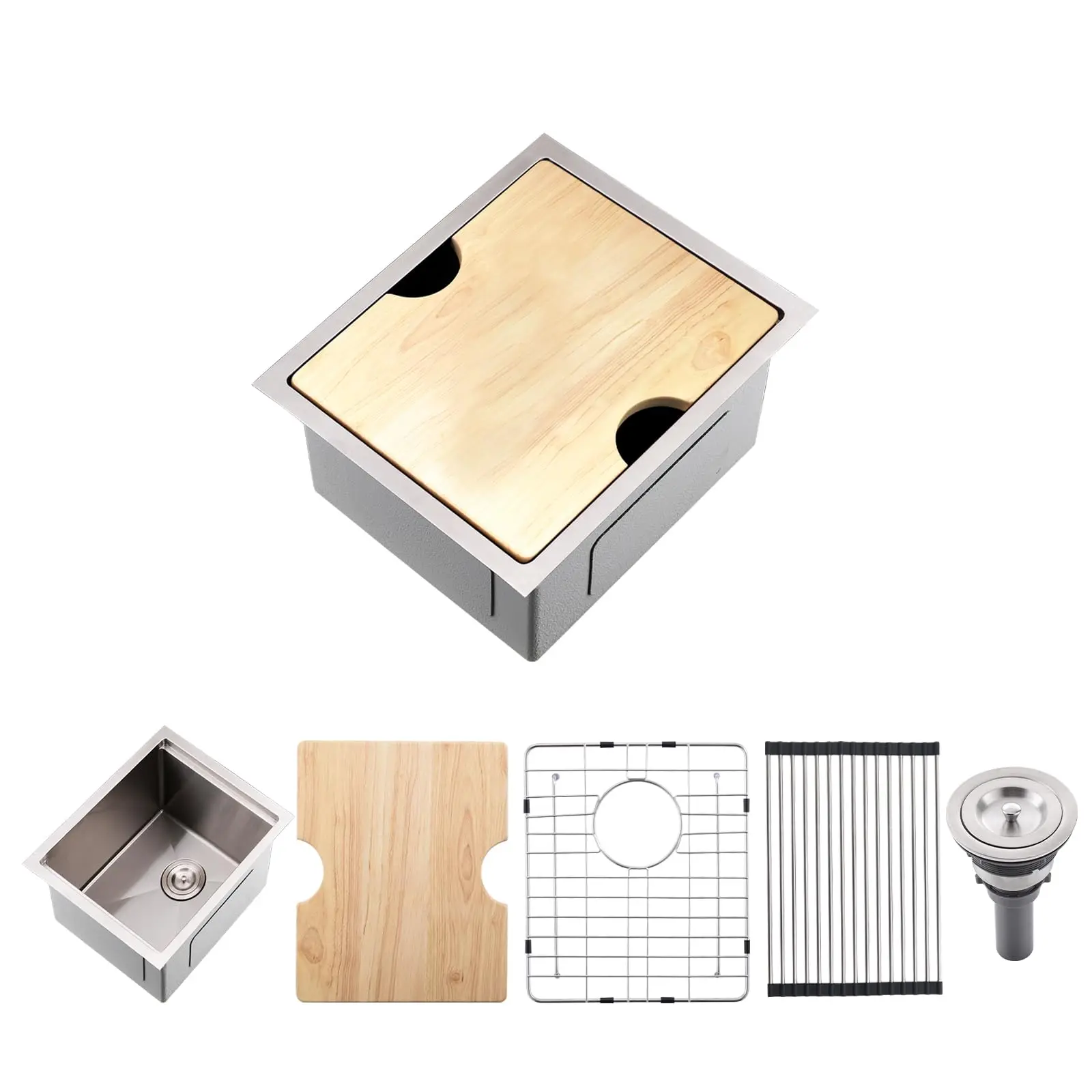 13x18 Inch Stainless Steel Undermount Bar Sink Station With Wooden Cutting Board, Grid, Roll-Up Rack And Strainer
13x18 Inch Stainless Steel Undermount Bar Sink Station With Wooden Cutting Board, Grid, Roll-Up Rack And Strainer