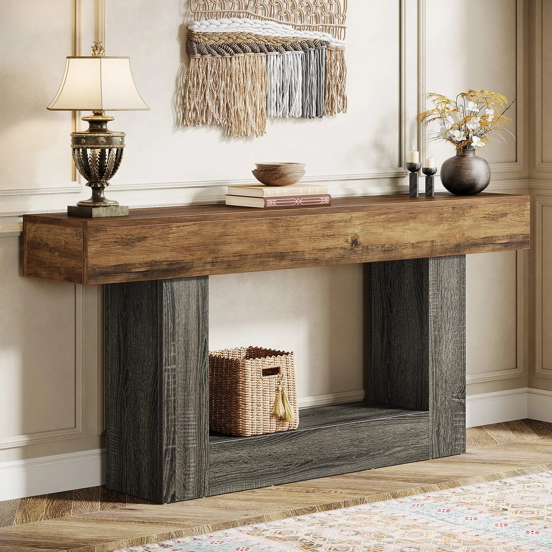 63" Console Table, Farmhouse 2-Tier Entryway Table with U-Shaped Base, Narrow Long Wood Sofa Table Behind Couch
63" Console Table, Farmhouse 2-Tier Entryway Table with U-Shaped Base, Narrow Long Wood Sofa Table Behind Couch