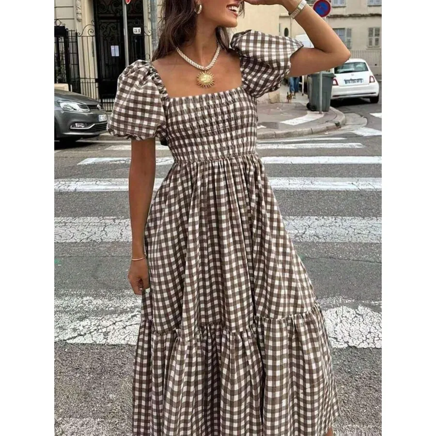 【New style】2026 Spring and Summer Women's Plaid Elegant Bohemian Casual Puff Sleeve Ruffle Hem Pleated Coffee Color Dress, Wome
【New style】2026 Spring and Summer Women's Plaid Elegant Bohemian Casual Puff Sleeve Ruffle Hem Pleated Coffee Color Dress, Wome