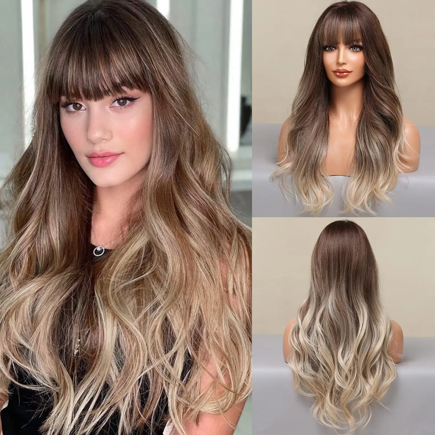 European and American custom long wig bangs long wave wig natural synthetic fiber Ombre brown curly wig
European and American custom long wig bangs long wave wig natural synthetic fiber Ombre brown curly wig