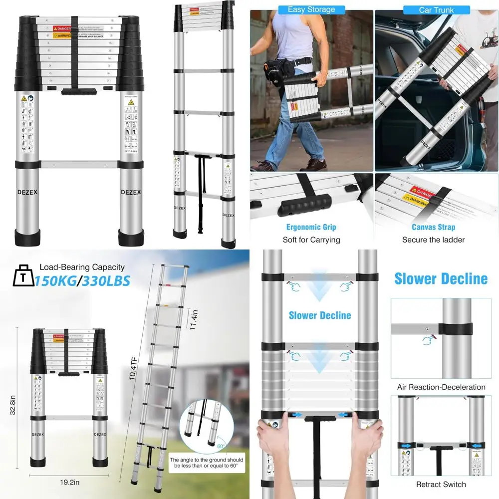 Collapsible Aluminum Extension Ladder - Telescoping for Home, RV, Attic, Loft Use, Supports 330 LB, One-Button Retraction, Durab
Collapsible Aluminum Extension Ladder - Telescoping for Home, RV, Attic, Loft Use, Supports 330 LB, One-Button Retraction, Durab