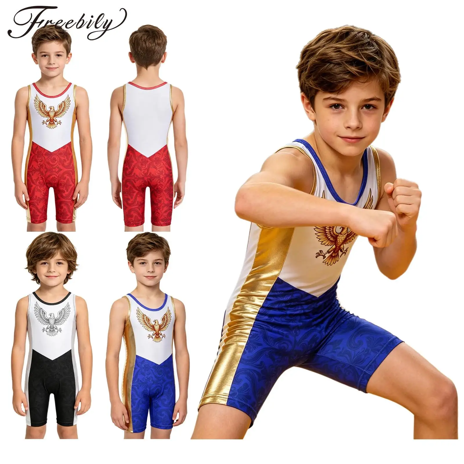Unisex Kids Eagle Pattern Wrestling Romper Sleeveless Metallic Patchwork Singlet Leotard Theme Party Photo Bodysuit
Unisex Kids Eagle Pattern Wrestling Romper Sleeveless Metallic Patchwork Singlet Leotard Theme Party Photo Bodysuit
