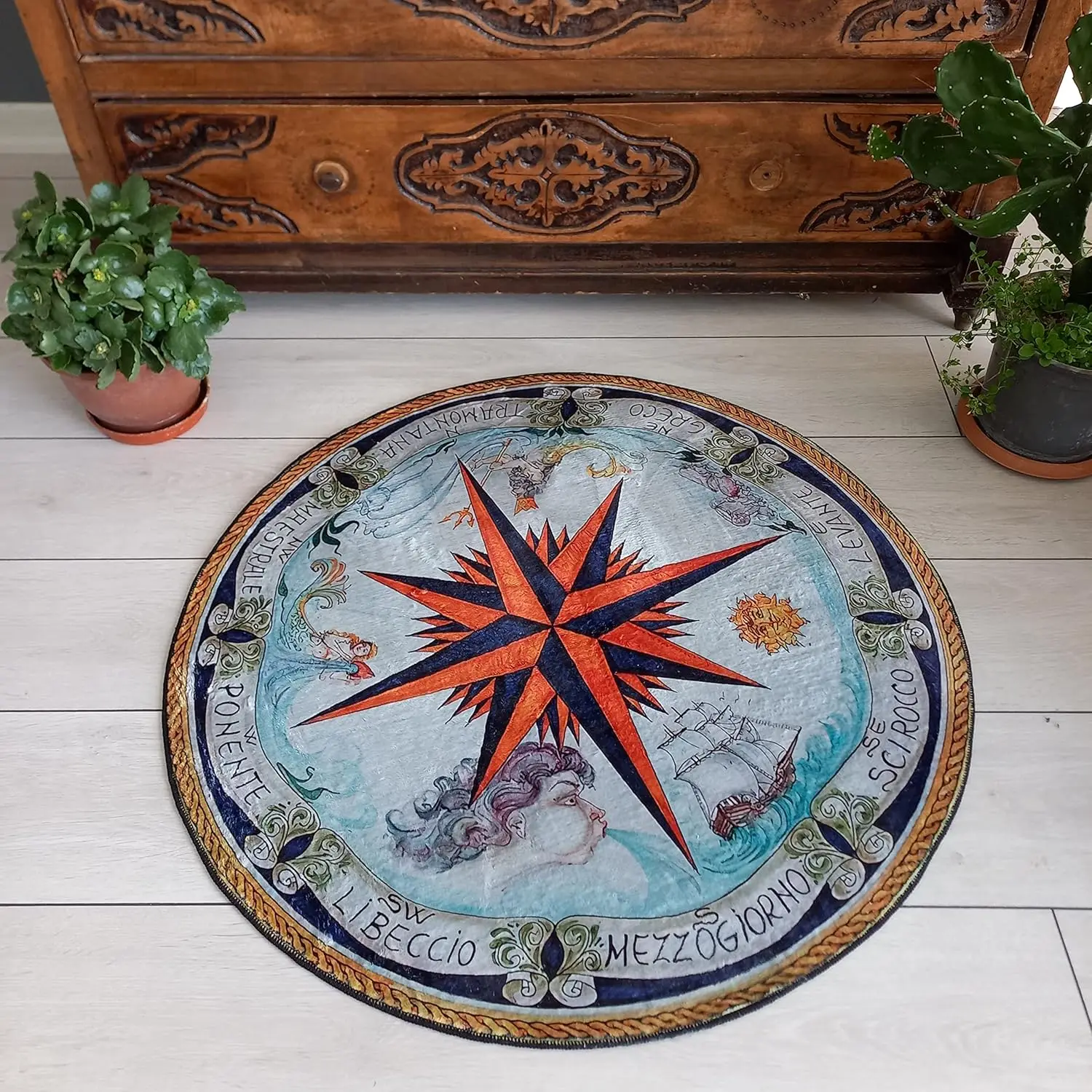 Vintage Nautical Compass Round Rug Italian Artistic Design with Ship and Waves
Vintage Nautical Compass Round Rug Italian Artistic Design with Ship and Waves