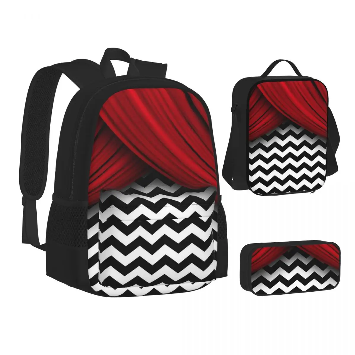 Twin Peaks Red Curtains Black And White Chevron Backpacks Bookbag School Bags Rucksack Lunch Bag Pen Bag Three-Piece Set
Twin Peaks Red Curtains Black And White Chevron Backpacks Bookbag School Bags Rucksack Lunch Bag Pen Bag Three-Piece Set