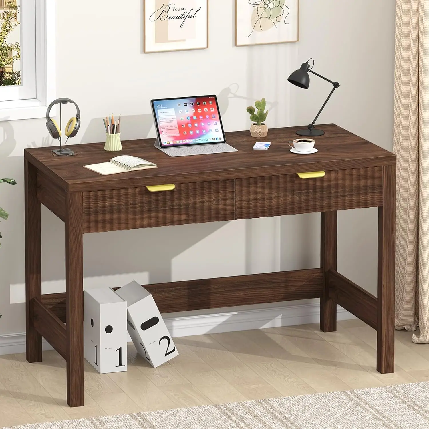 Fluted Computer Desk with 2 Drawers, 39 Inch Small Computer Desk with Storage, Compact Writing Study Desk for Small Spaces, Waln
Fluted Computer Desk with 2 Drawers, 39 Inch Small Computer Desk with Storage, Compact Writing Study Desk for Small Spaces, Waln