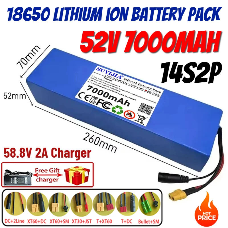 14S2P 52V 18650 Lithium ion Battery Pack 7000mAh 1500W high-quality for Bicycle Scooter Motorcycle Built in BMS +58.8V 2ACharger
14S2P 52V 18650 Lithium ion Battery Pack 7000mAh 1500W high-quality for Bicycle Scooter Motorcycle Built in BMS +58.8V 2ACharger