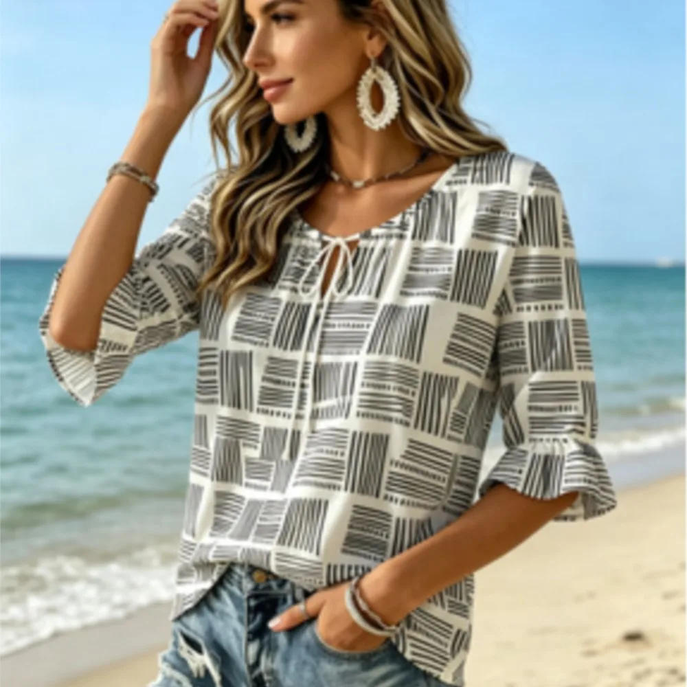 Women's Black Block Vertical Line Abstract Print Tie Neck Blouse Ruffle 3/4 Sleeve Minimalist Casual Tee
Women's Black Block Vertical Line Abstract Print Tie Neck Blouse Ruffle 3/4 Sleeve Minimalist Casual Tee
