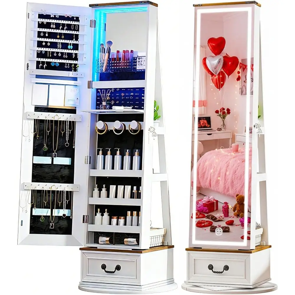 Freestanding LED Mirror Cabinet with Full-Length Mirror, 360° Swivel Mirror, and Large Wooden Drawer in Pristine White
Freestanding LED Mirror Cabinet with Full-Length Mirror, 360° Swivel Mirror, and Large Wooden Drawer in Pristine White