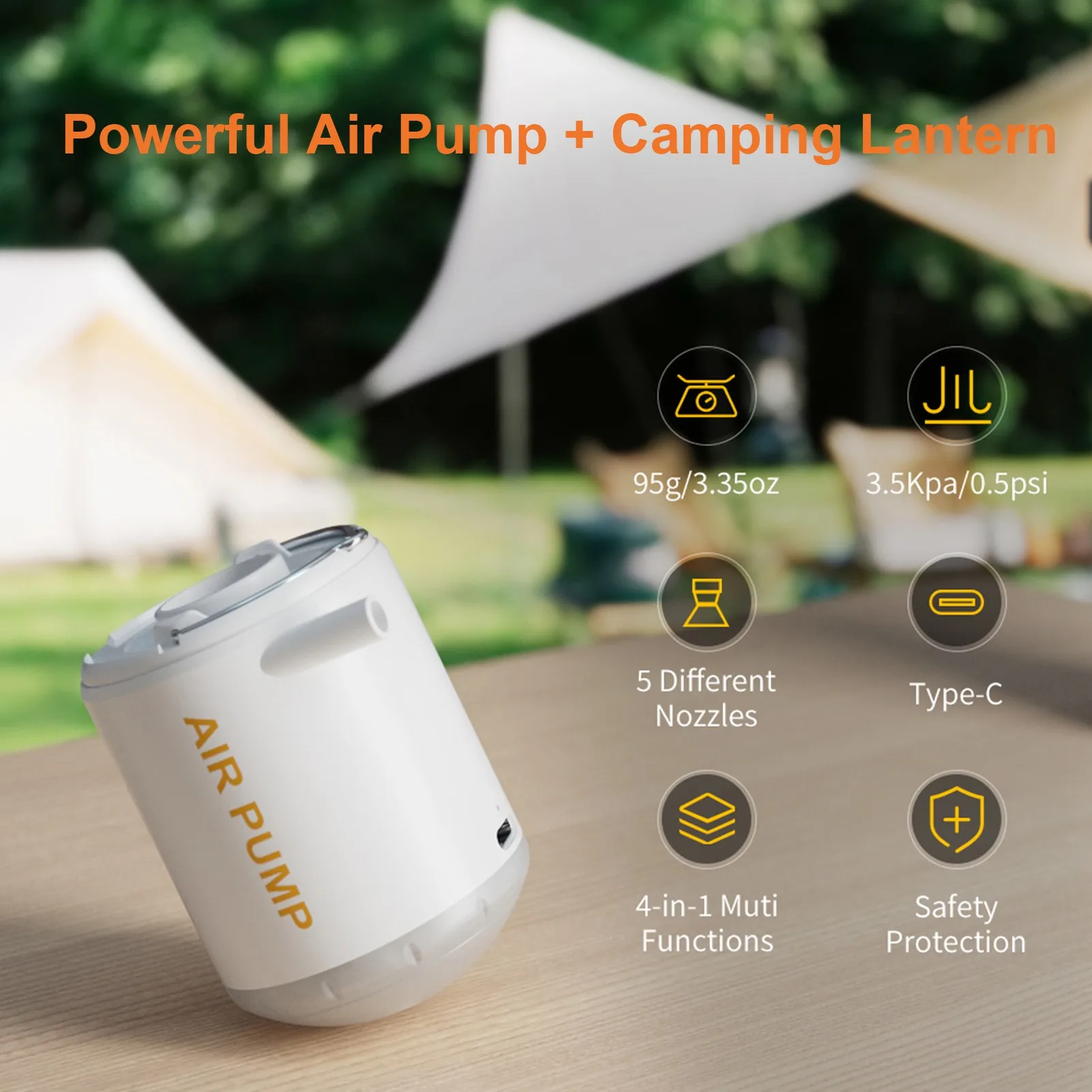Portable air pump, quick inflation and deflation, swimming ring, built-in 2000mAh battery, LED camping light, 5 nozzles
Portable air pump, quick inflation and deflation, swimming ring, built-in 2000mAh battery, LED camping light, 5 nozzles