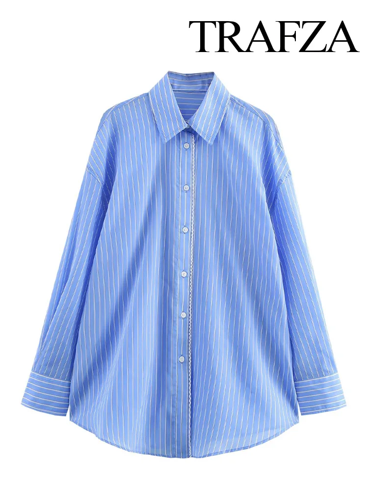 TRAFZA Women Fashion Spring Commuter Shirt Lapel Lace Trimmings Loose Single-breasted Women Casual Striped Long-sleeved Top
TRAFZA Women Fashion Spring Commuter Shirt Lapel Lace Trimmings Loose Single-breasted Women Casual Striped Long-sleeved Top
