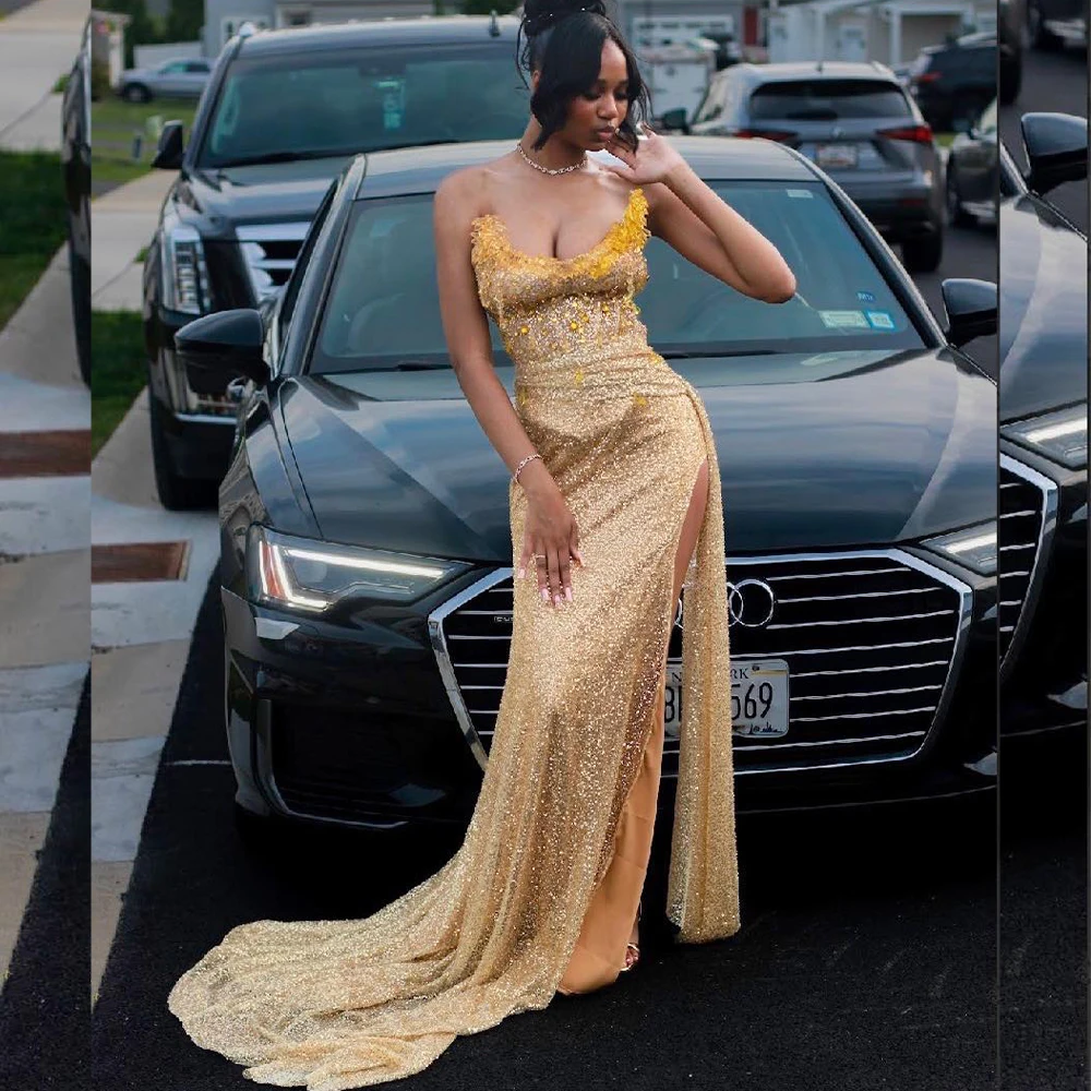 Gold Mermaid Prom Dresses for Black Girls Sweetheart Side Split Sequined Crystal African Birthday Party Matric Dance Gown Custom
Gold Mermaid Prom Dresses for Black Girls Sweetheart Side Split Sequined Crystal African Birthday Party Matric Dance Gown Custom