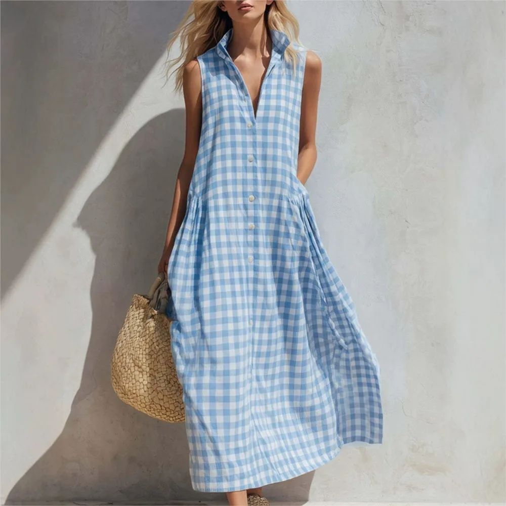 Plaid Sleeveless Dress Summer Women's Single-breasted Fashion Resort Style Seaside Loose Long Dress Ropa Mujer Roupas Feminina
Plaid Sleeveless Dress Summer Women's Single-breasted Fashion Resort Style Seaside Loose Long Dress Ropa Mujer Roupas Feminina