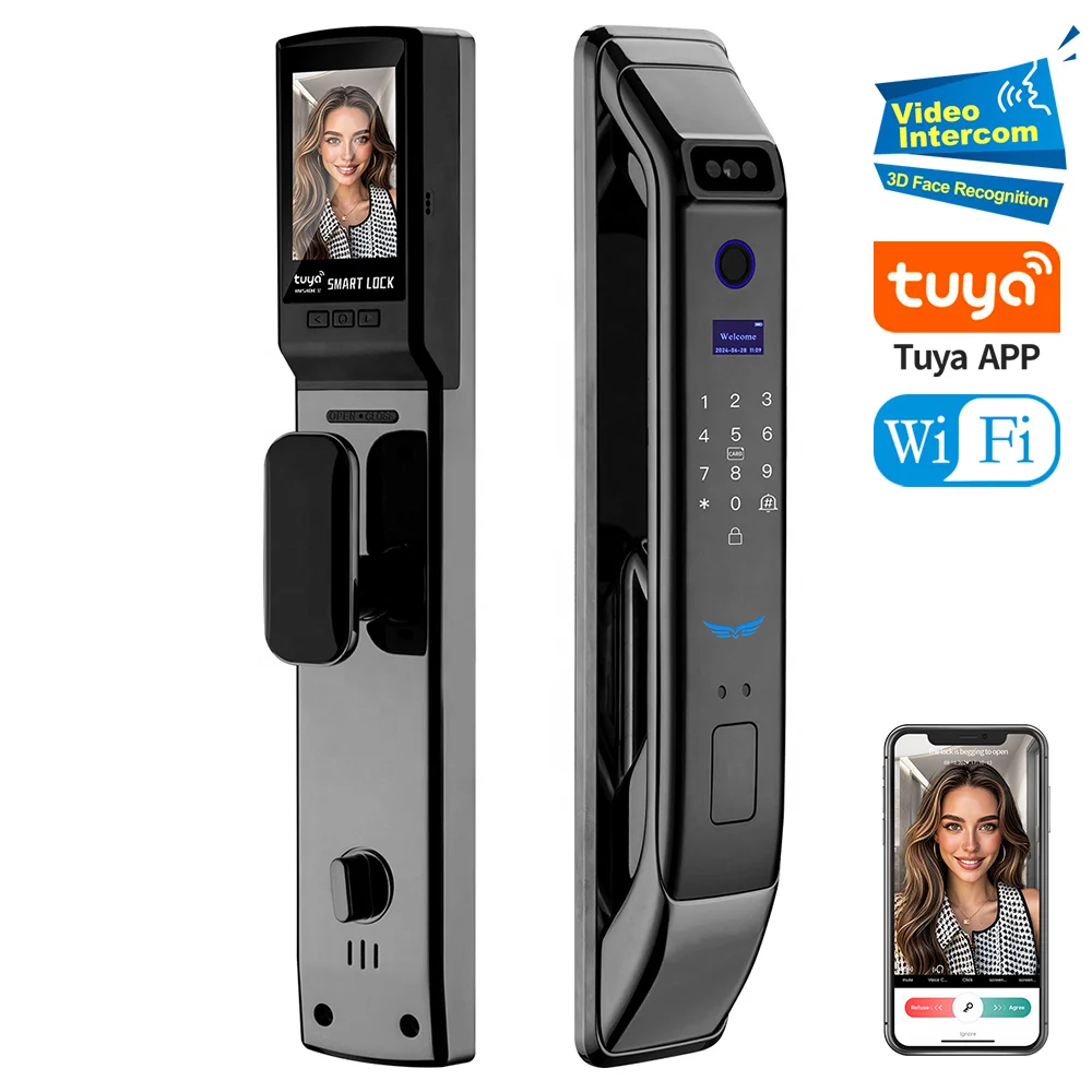 Security 3D Face Recognition APP TUYA WIFI Wooden Electronic Fingerprint Keyless Digital Lock Smart Home Door Lock With Camera