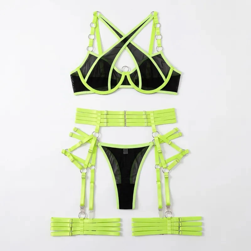 Neon Green Cross Strap Lingerie Set Underwire Bra Garter Belt Thong Leg Garters Women Erotic 4 Piece Nightwear Intimates
Neon Green Cross Strap Lingerie Set Underwire Bra Garter Belt Thong Leg Garters Women Erotic 4 Piece Nightwear Intimates