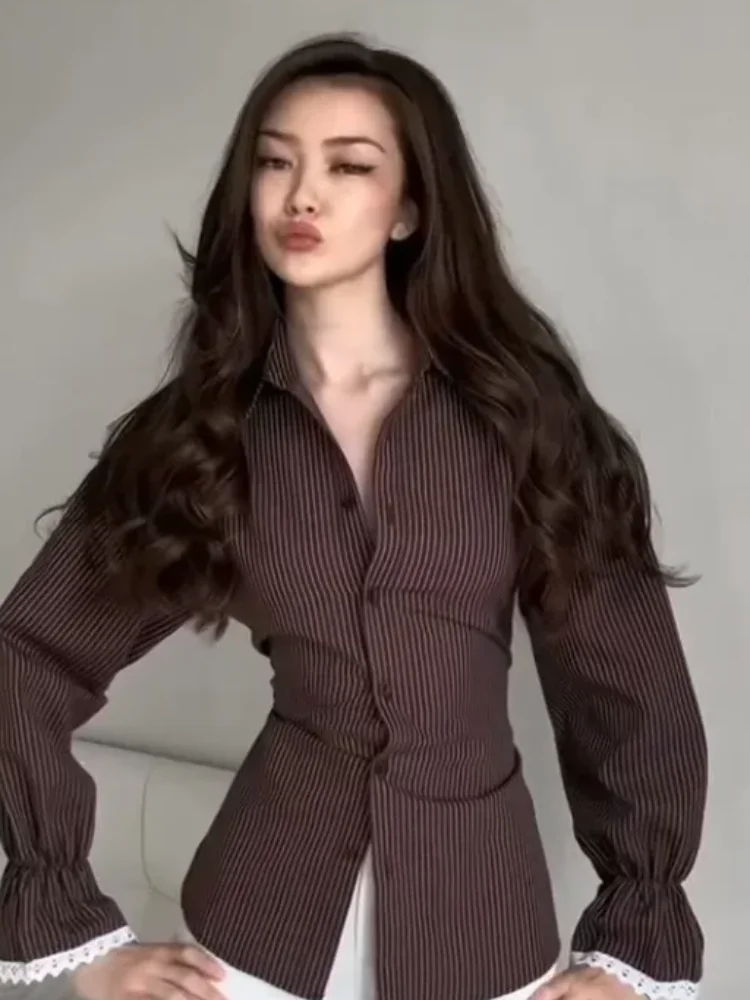 Casual Striped Cinched-waist Lace Up Shirt Women Chic Lapel Lace Cuffs Single Breasted Slim Tops 2026 Spring Lady Commute Shirts
Casual Striped Cinched-waist Lace Up Shirt Women Chic Lapel Lace Cuffs Single Breasted Slim Tops 2026 Spring Lady Commute Shirts