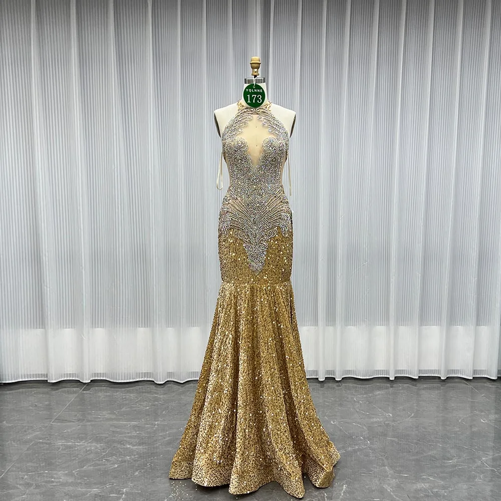 YQLNNE 0173 Gold Crystals Beaded Evening Dresses Halter Sequined Mermaid Formal Party Gown
YQLNNE 0173 Gold Crystals Beaded Evening Dresses Halter Sequined Mermaid Formal Party Gown