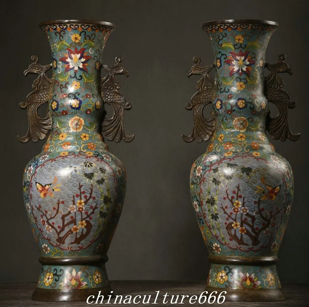 7 inch cloisonne enamel pure copper double phoenix ears bamboo plum vase pair -
7 inch cloisonne enamel pure copper double phoenix ears bamboo plum vase pair -