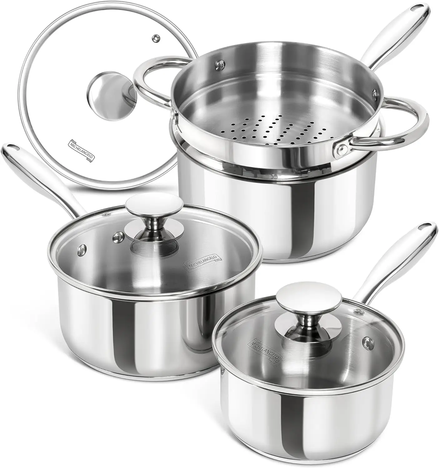 Stainless Steel Saucepan Set 7Pcs with Lids & Steamer, 1QT 2QT 3QT Triply Bottom, Induction Compatible Sauce Pot Set
Stainless Steel Saucepan Set 7Pcs with Lids & Steamer, 1QT 2QT 3QT Triply Bottom, Induction Compatible Sauce Pot Set