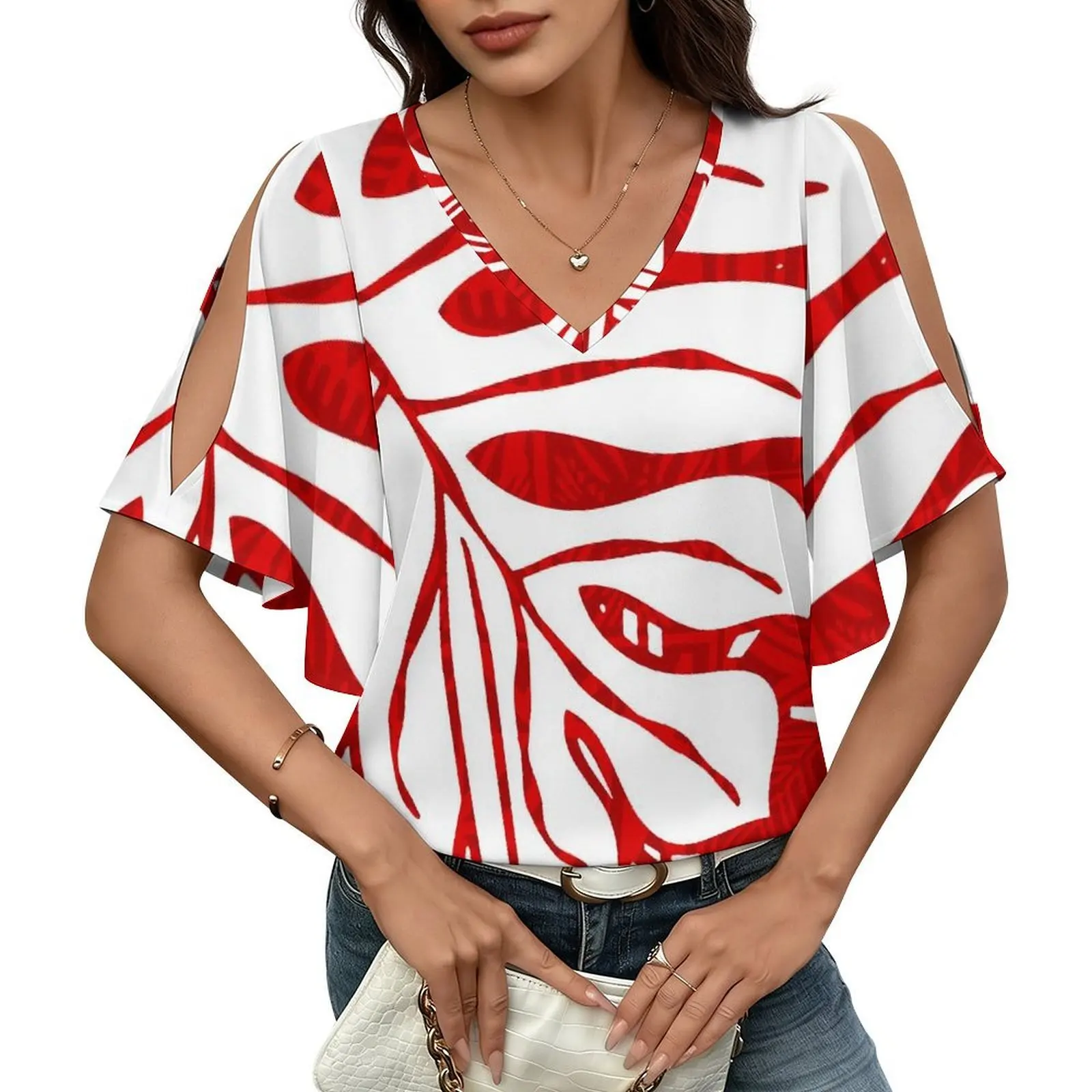 Summer Women'S Casual Comfortable Soft Fabric V-Neck Ruffled Sleeve Open T-Shirt With Polynesian Customizable Print
Summer Women'S Casual Comfortable Soft Fabric V-Neck Ruffled Sleeve Open T-Shirt With Polynesian Customizable Print
